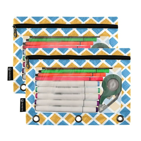 2 Pack Pencil Pouch for 3 Ring Binder Smooth Zipper Folders with Pockets Clear Window Pencil Case Blue Yellow Block