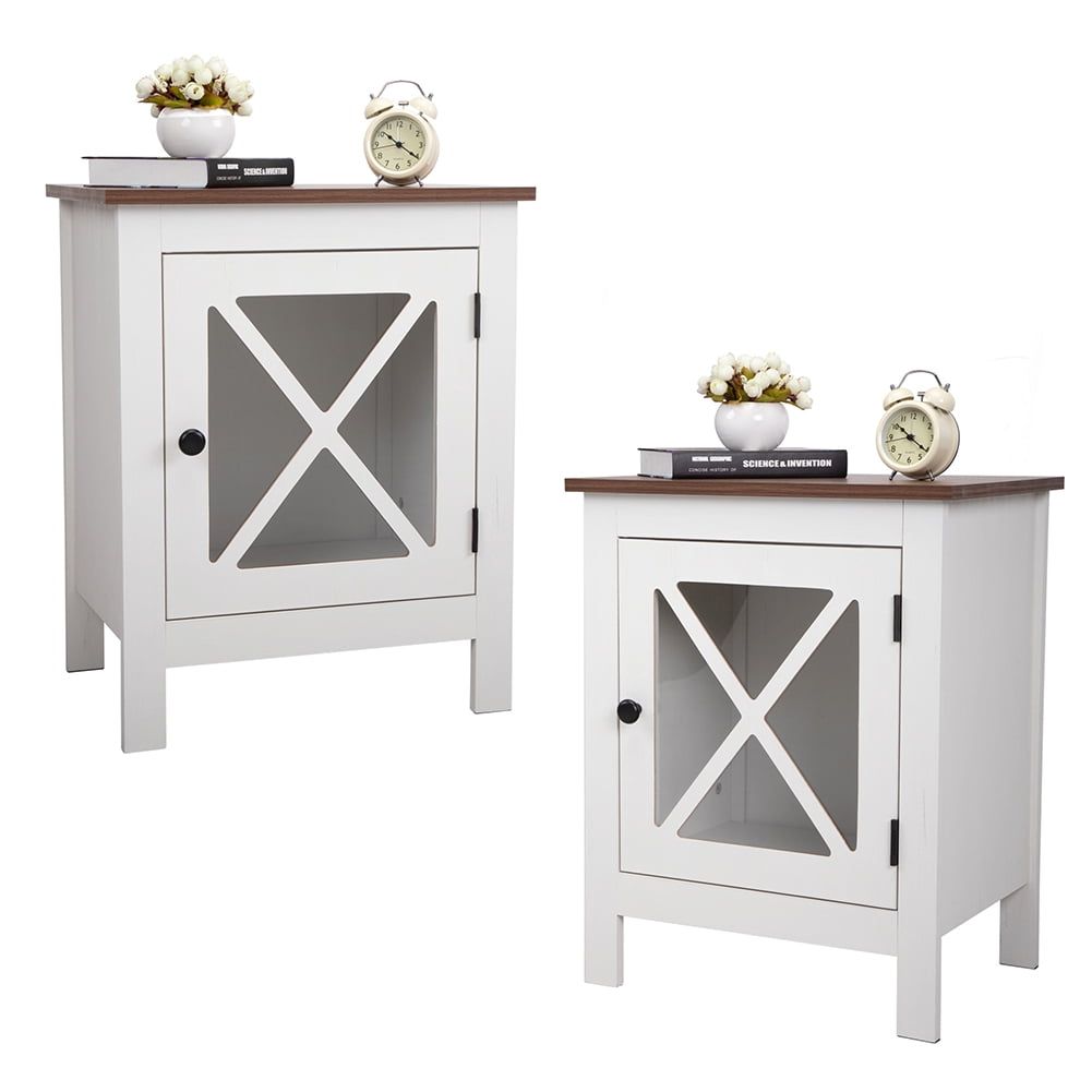 Kadyn Nightstand Side End Table with Barn Door Cabinet, Farmhouse End Table Accent Table, White&Walnut Kadyn Nightstand Side End Table with Barn Door Cabinet, Farmhouse End Table Accent Table, White&Walnut