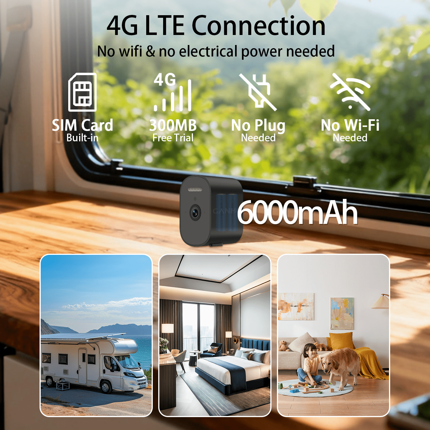 GANHO Cellular Security Camera, 2K 4G LTE Battery Powered Outdoor Camera with Night Vision & AI Human Detection, No WiFi Required