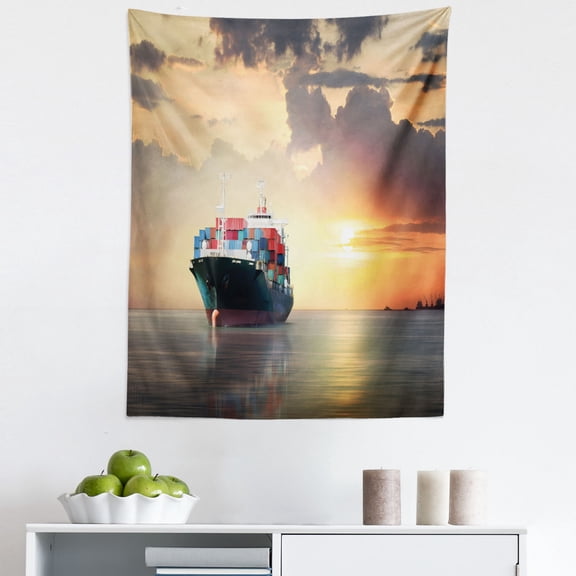 Maritime Tapestry, Container Shipping Cargo Ship in the Ocean on Smooth Water at Sunset Print, Fabric Wall Hanging Decor for Bedroom Living Room Dorm, 5 Sizes, Multicolor, by Ambesonne