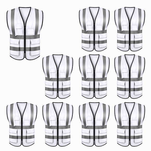 TOPTIE 5-Pocket High Visibility Zipper-Front Safety Vest with Reflective Strips Uniform Vest, Pack of 10-White-XXL