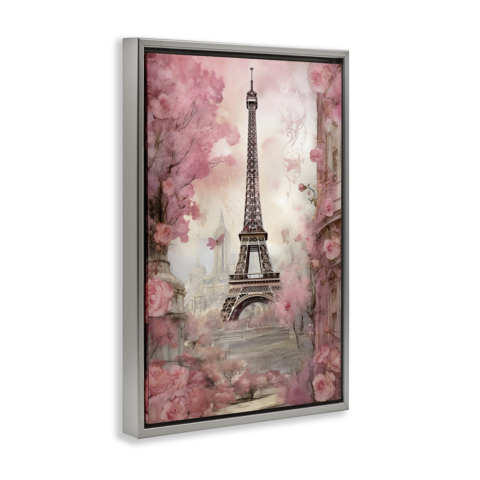Stupell Industries Paris City View in Bloom Gray Framed Floater Canvas Wall Art, design by Creative Studio
