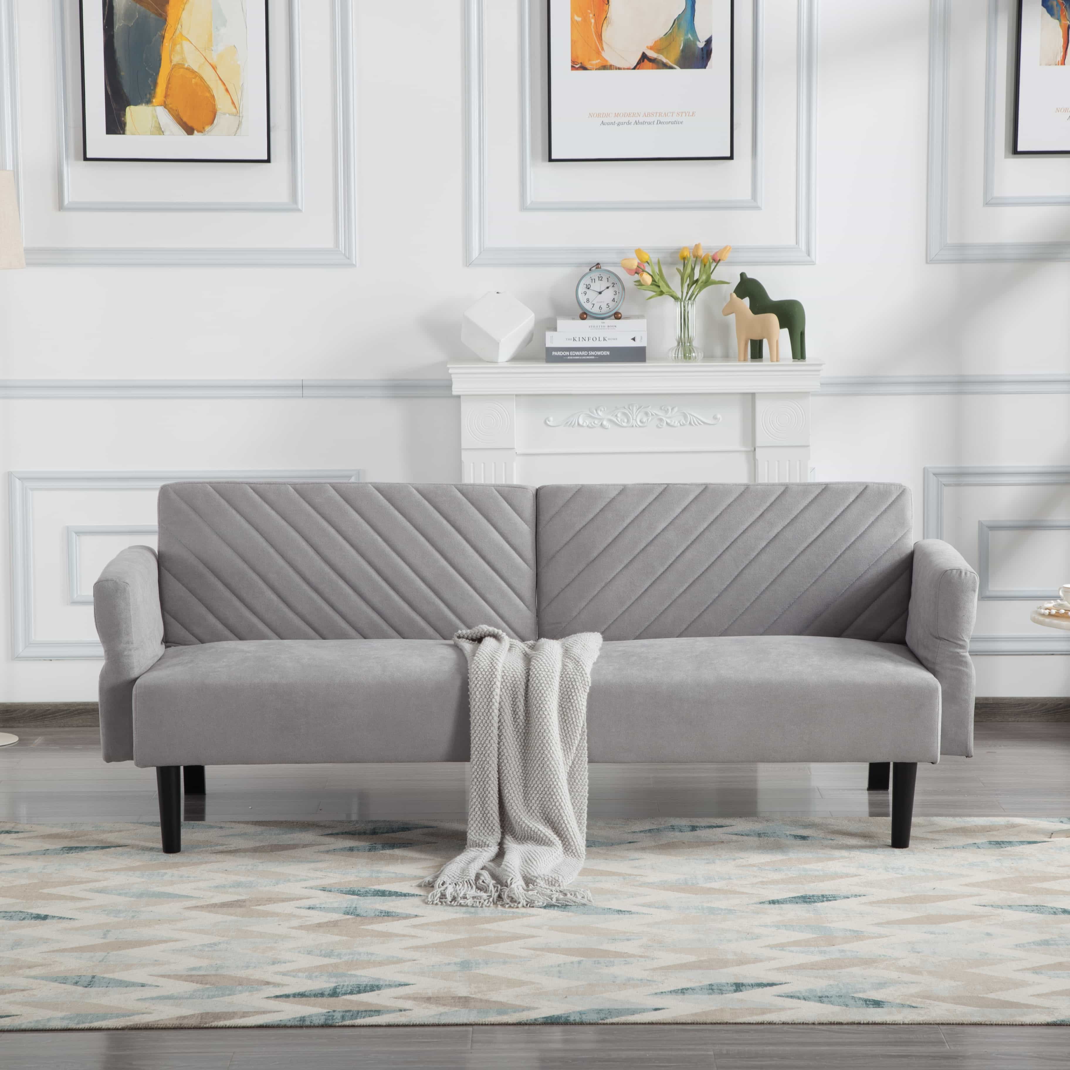 BSHTI 76.8”Tufted Back Futon Sofa,Twin Size Convertible Sleeper,with 5 Adjustable Backrest Positions and Adjustable Armrest,Perfect for Small Spacesc(Light Gray)