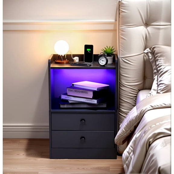 FurnitureR Modern Black Nightstand with Charging Station and LED Lighting, 2 Drawer Bedside Table with Open Shelf and Cable Port, End Table with USB Ports and Power Outlets for Bedroom