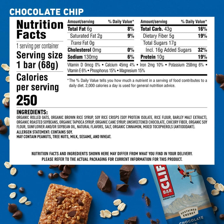 CLIF BAR - Chocolate Chip - Made with Organic Oats - 10g Protein - Non-GMO  - Plant Based - Energy Bars - 2.4 oz. (6 Pack)