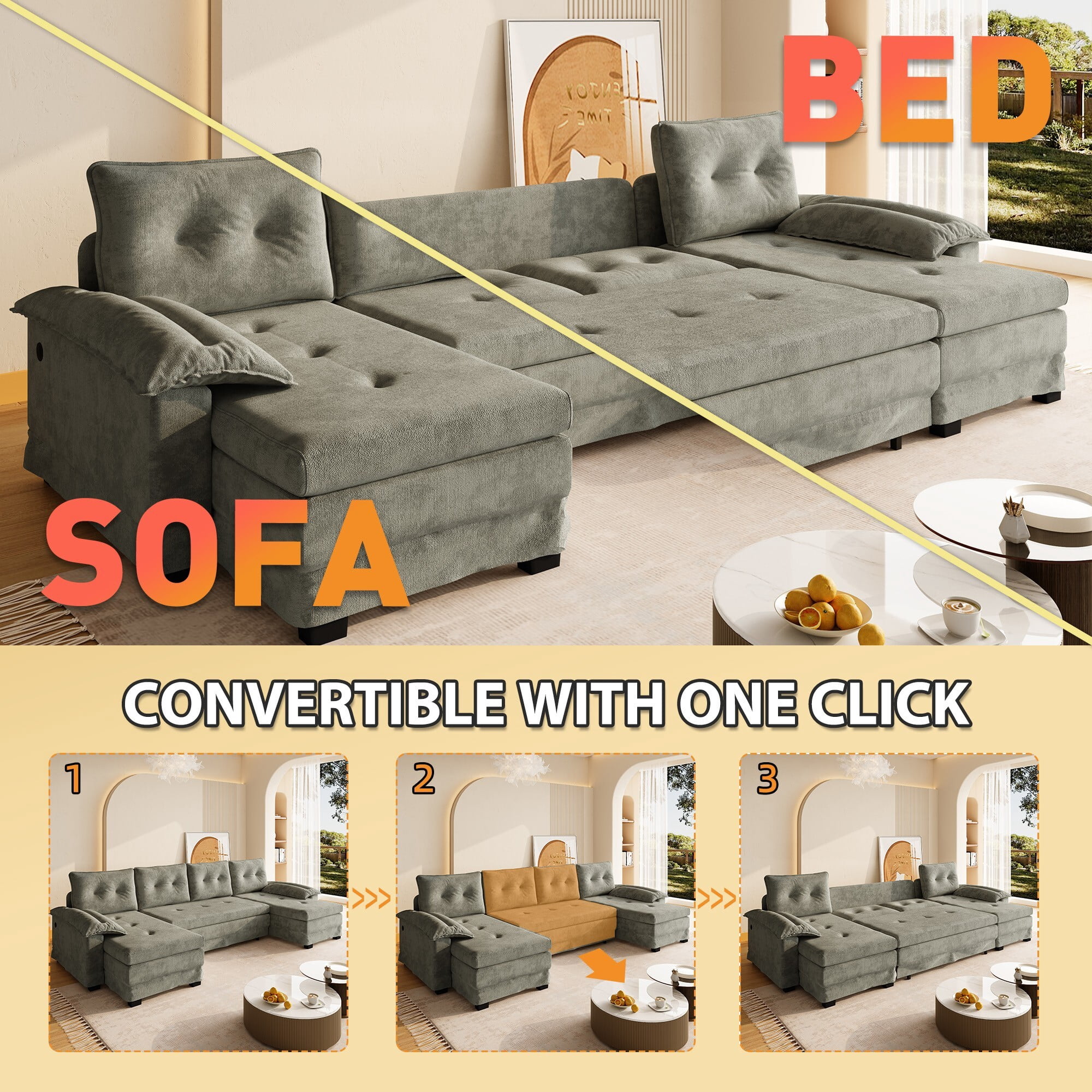 DEALTOPS 109.5" U-Shaped Sectional Sleeper Sofa with Pull Out Bed, 4-Seat Chenille Modular Couch, USB Ports, Gray