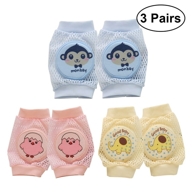 FELTECHELECTR 3 pares de rodilleras para bebés y niños pequeños, protectores de seguridad para gatear (pollo rosa, mono azul y elefante amarillo)