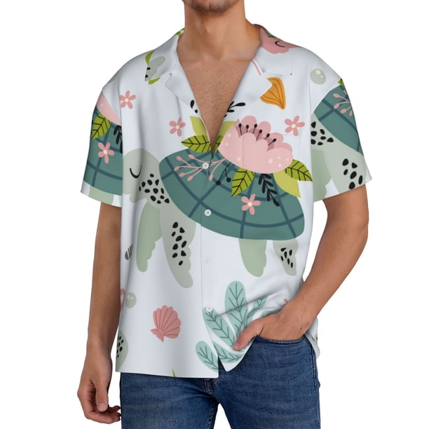 Fotbe Sea Animal Camisa Estampada de Manga Corta para Hombre, Casual de Verano, Estilo Playero, Sin Arrugas-Large