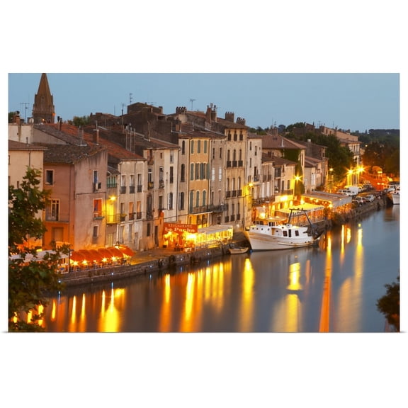 Great BIG Canvas | Rolled Per Karlsson Poster Print entitled Restaurants Along The L'Herault River. L'Herault River. Agde Town. Languedoc. France