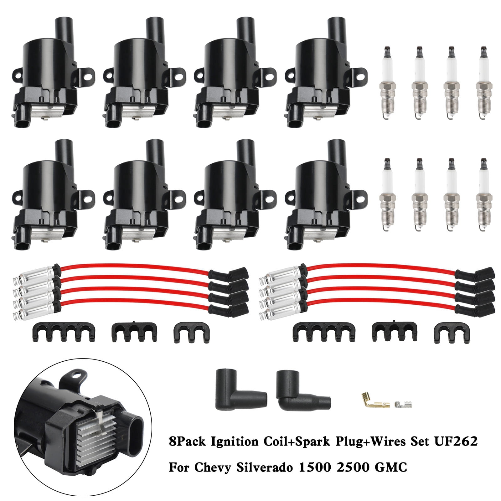 8Pcs Ignition Coil+Spark Plug+Wires Set UF262 For Chevy Silverado 1500 2500 GMC