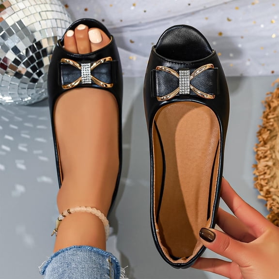 Bkhluea Women Rhinestone Bow Peep Toe Flats Slip On Comfortable Footwear For Office Work Party Daily Casual Use