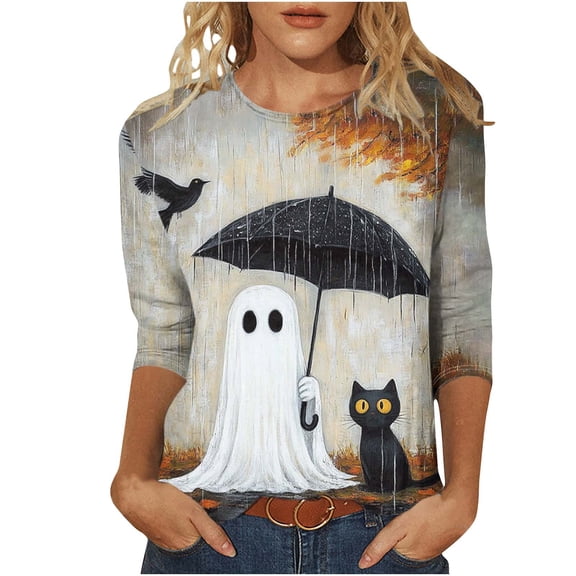 Halloween Shirts for Women Casual 3/4 Length Sleeve Tunic Tops Funny Print Crewneck Blouse Loose Fit Holiday Party Costume Tshirts Cute Ghost Black Cat Crow Umbrella
