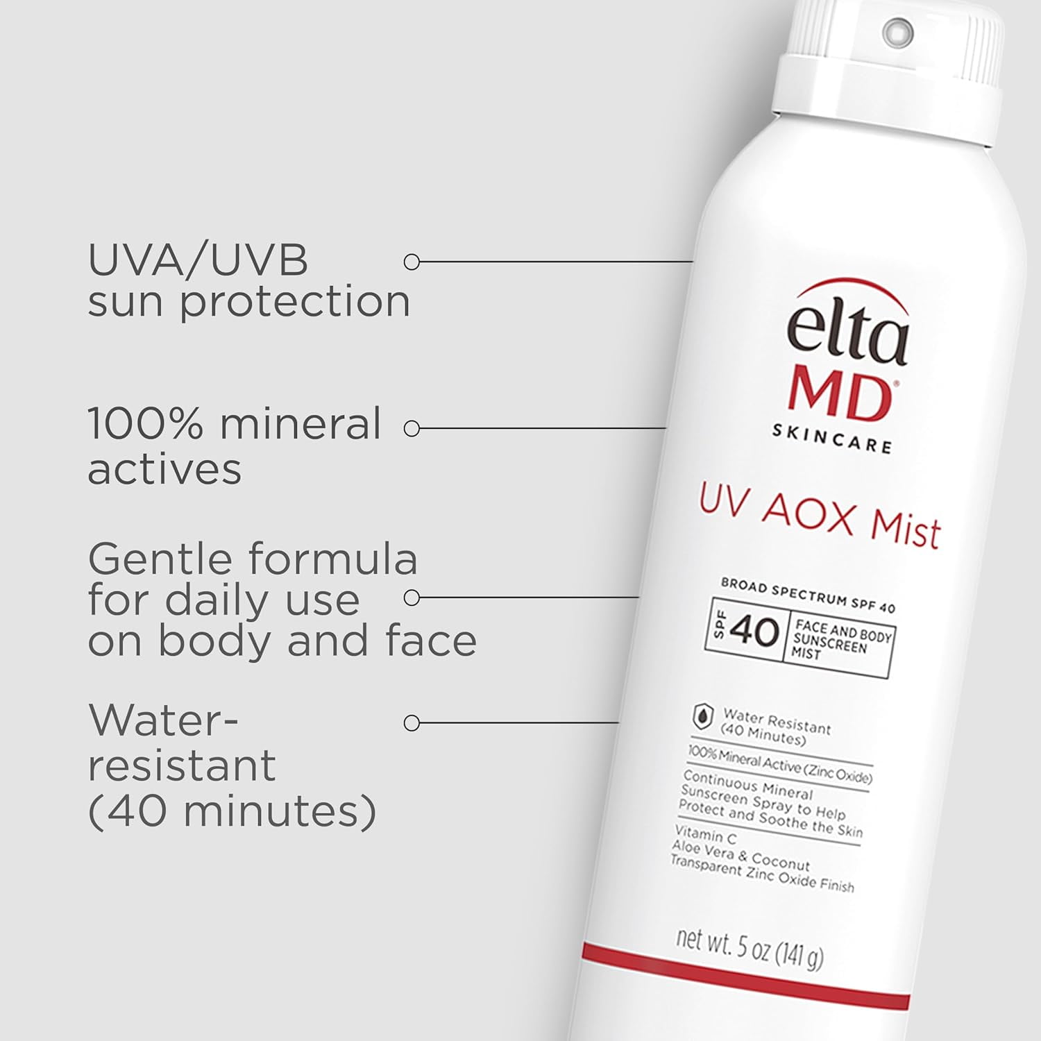 EltaMD UV AOX Mist Mineral Sunscreen Spray, SPF 40 Spray Sunscreen for Face and Body, Zinc Oxide Formula, 5 oz Bottle