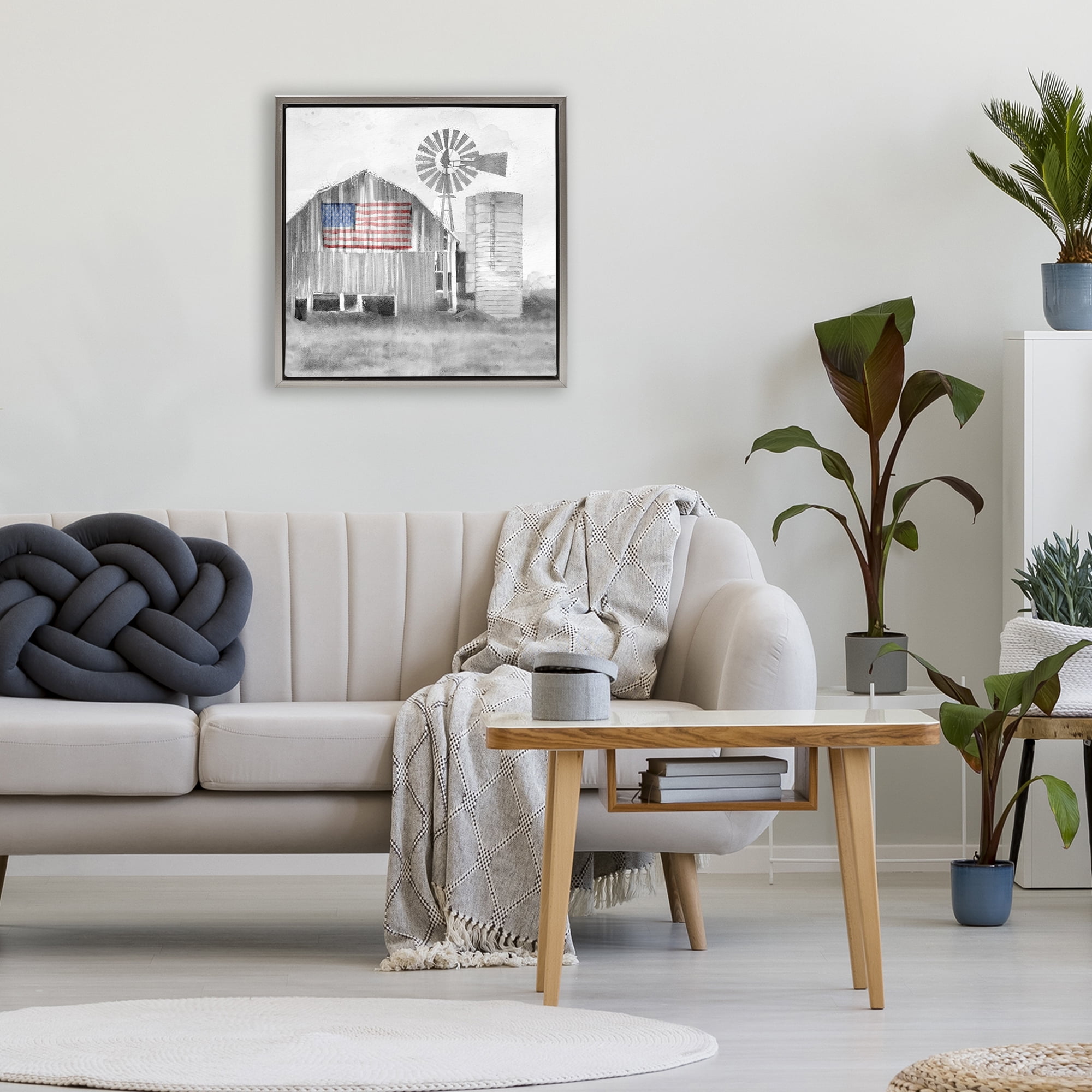Stupell Industries Grandfather's Barn with Flag Gray Framed Floater Canvas Wall Art, design by Kim Allen