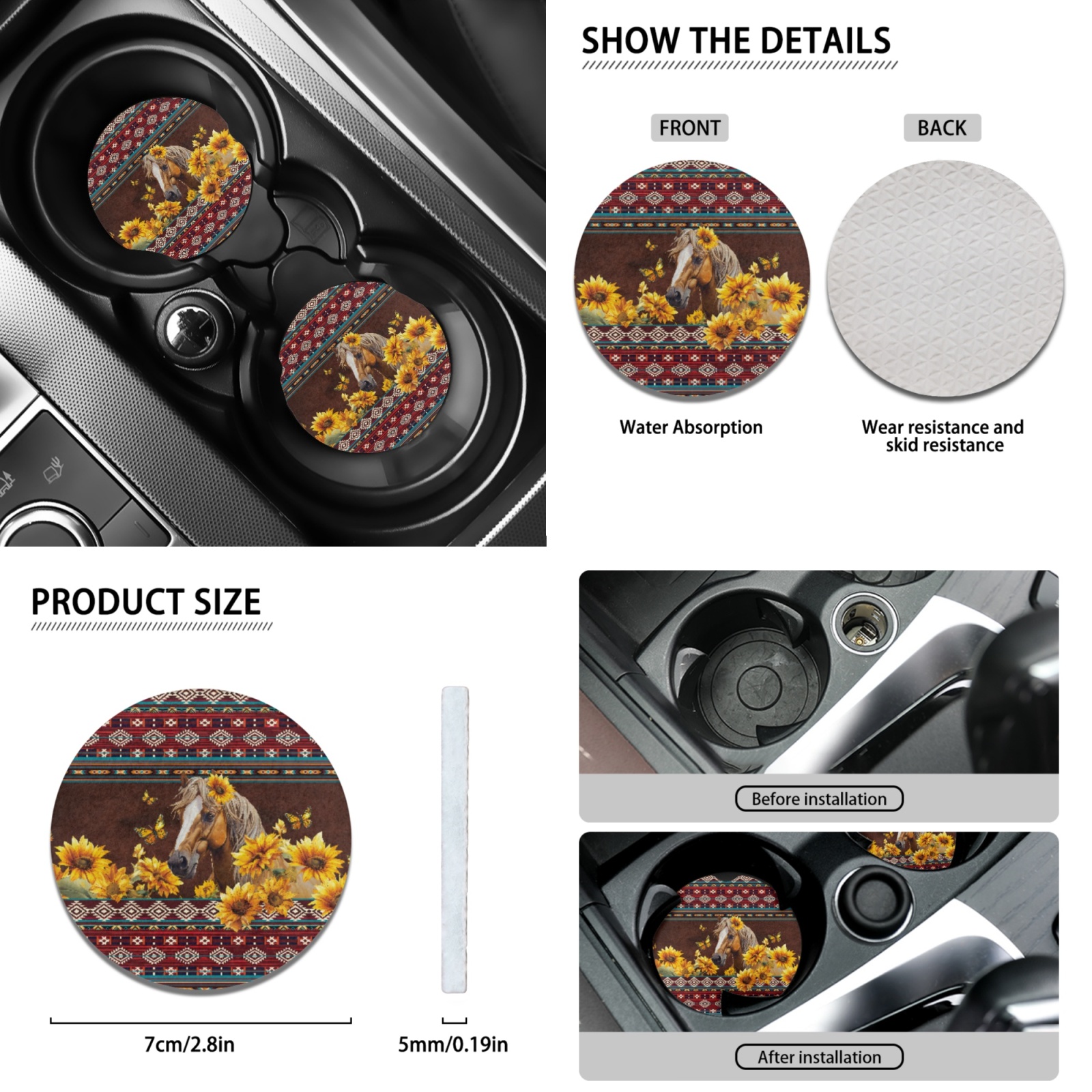 Renewold American Tribal Horse Sunflower Red Car Seat Cushion Covers Set of 12, Classic Front and Back Seat Protector, Vehicle Seat Covers Car Interior Accessories Decor Universal Fit Most Cars