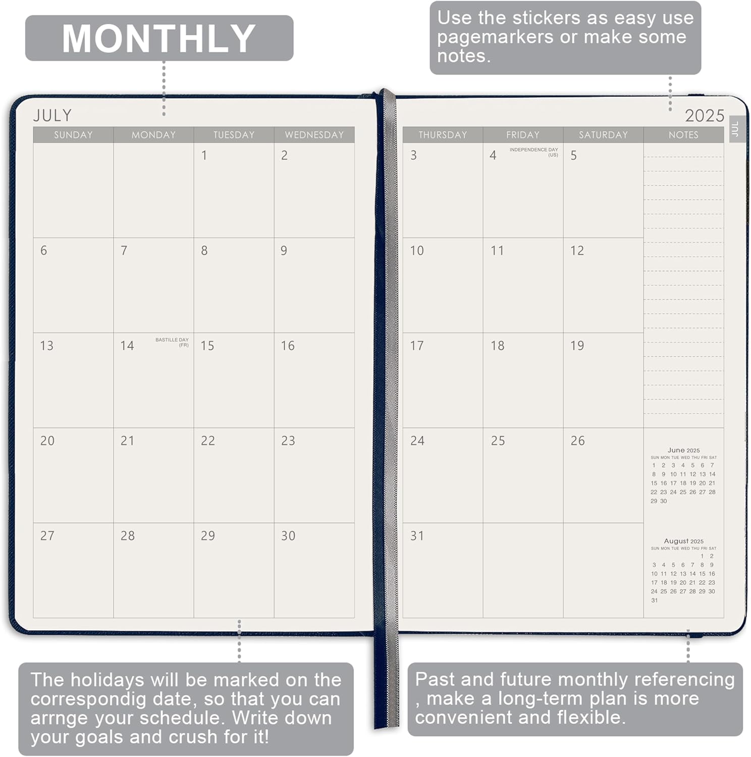 Planner 2025-2026 - Academic Planner 2025-2026, Jul. 2025 - Jun. 2026, 12-Months Weekly and Monthly, 5.75" x 8.25", Saffiano Leather with Thick Paper, Back Pocket with 40 Notes Pages - Navy Blue