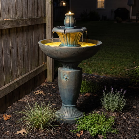 Outdoor Waterfall Fountain 2‑Tier Resin Outdoor Pedestal Fountain with LED Light, Classic Garden Bird Bath Fountain for Patio Backyard