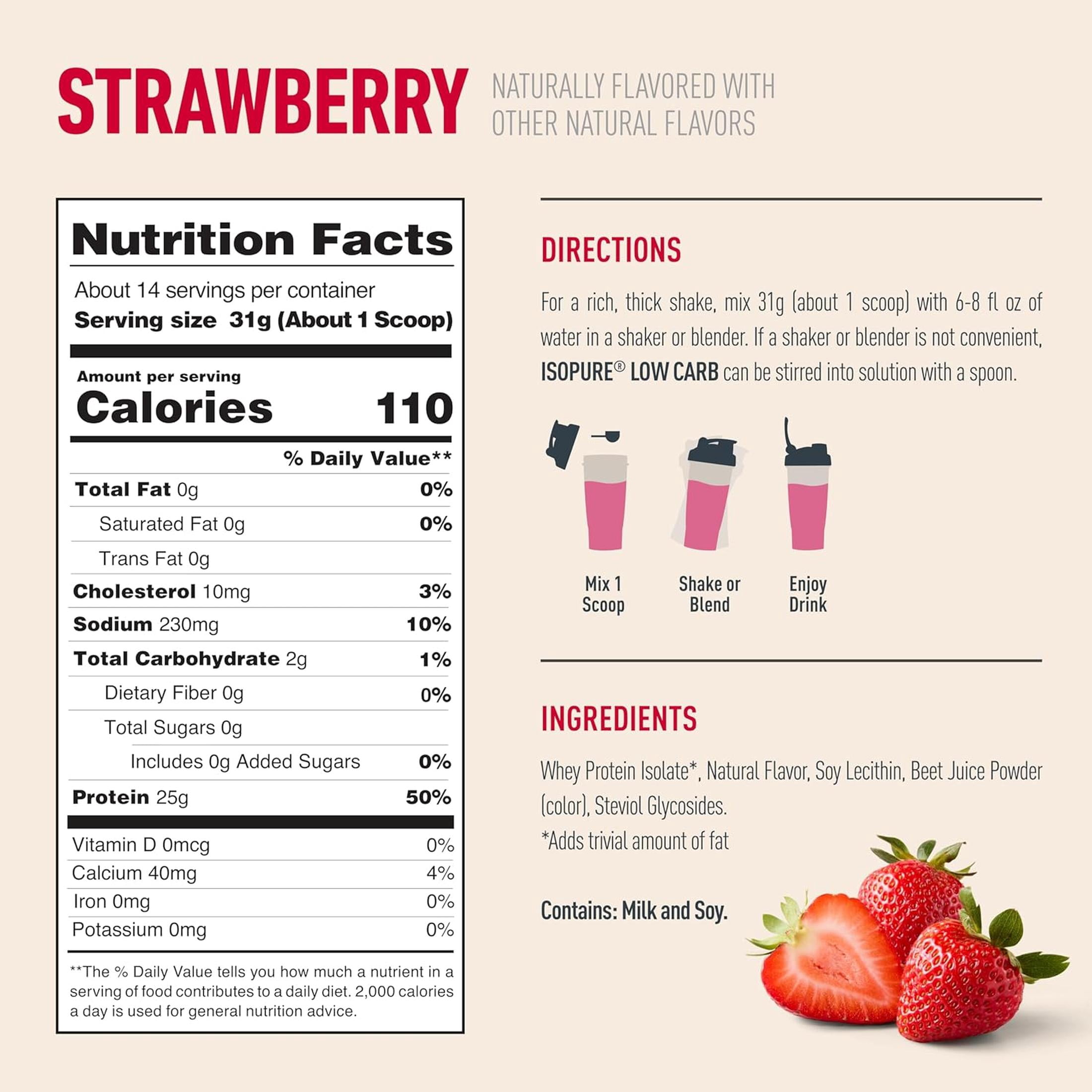 Isopure, Low Carb 100% Whey Protein Isolate, 25 g Protein Powder, Strawberry, 1 lb, 14 Servings