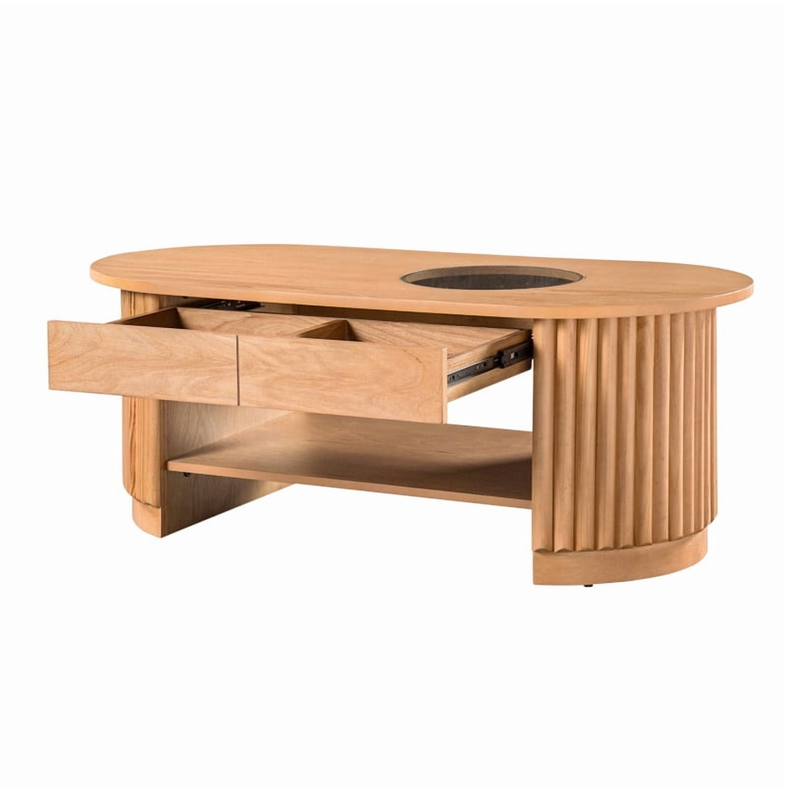 Mid-Century Modern Oval Coffee Table with Drawers & Tempered Glass Inset Top, 2-Tier Fluted Center End Table with Open Shelf