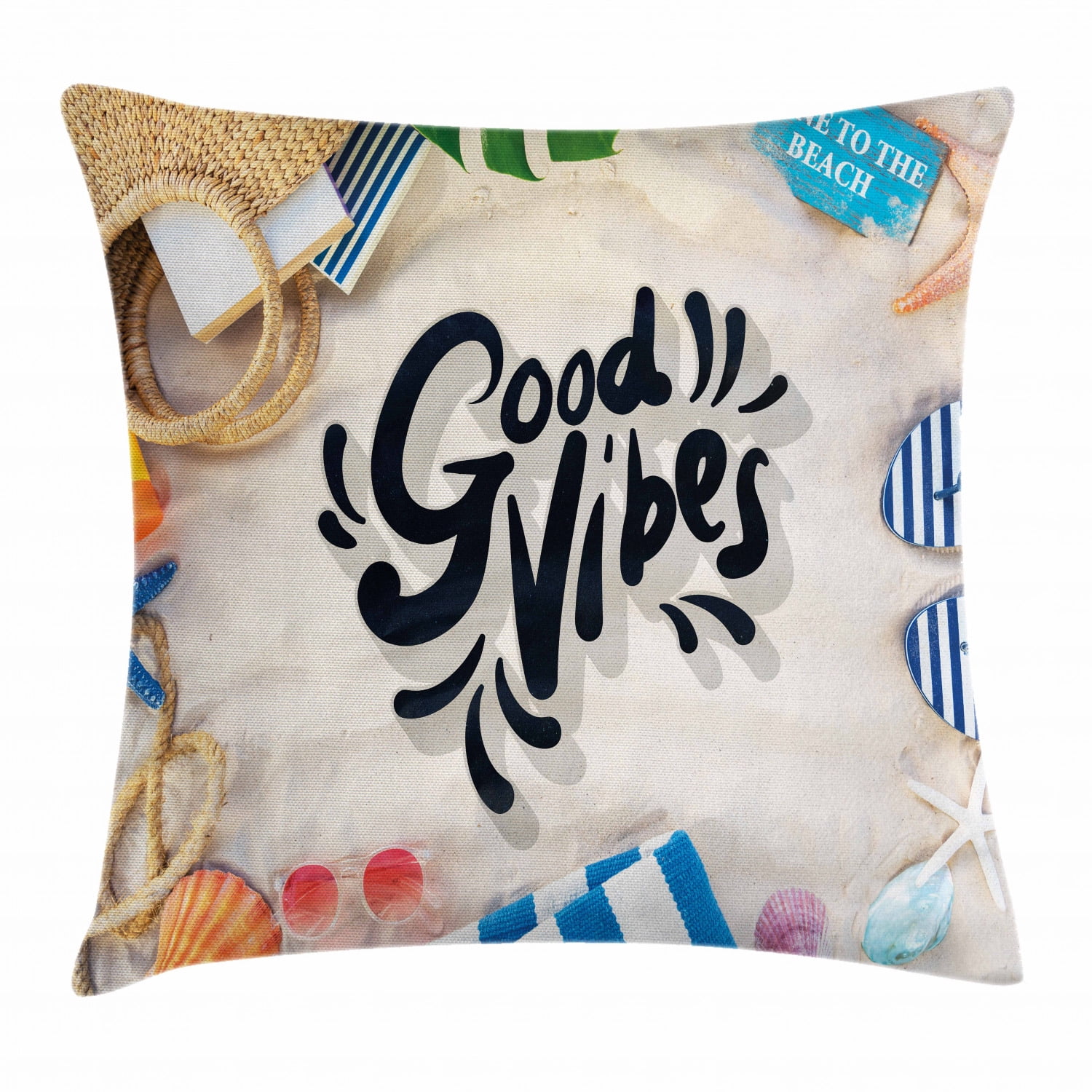 Good Vibes Throw Pillow Cushion Cover, On the Beach Concept Seacoast Shoreline Vacation Holiday