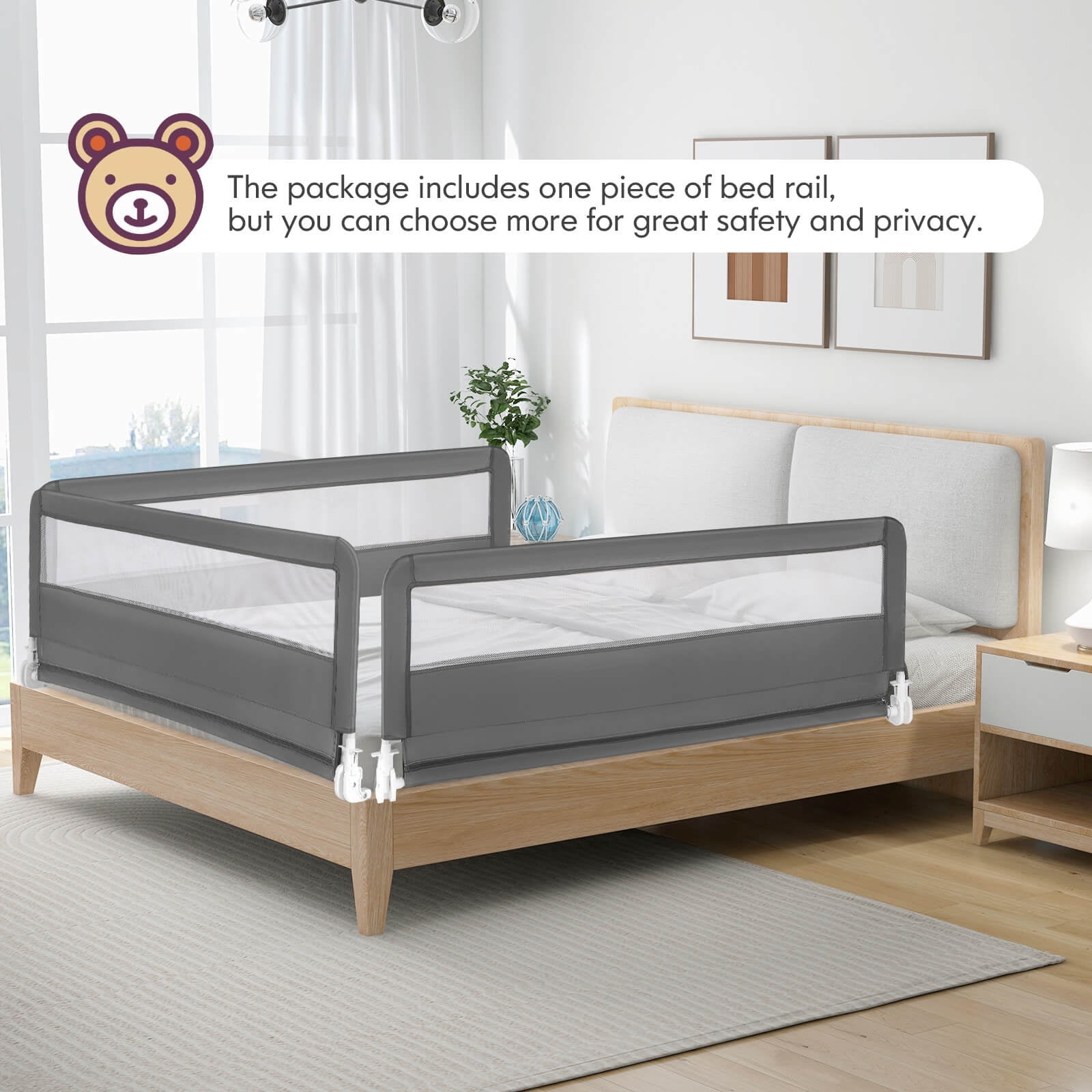 Infans 59" Breathable Baby Children Toddlers Bed Rail Guard Safety Swing Down Gray