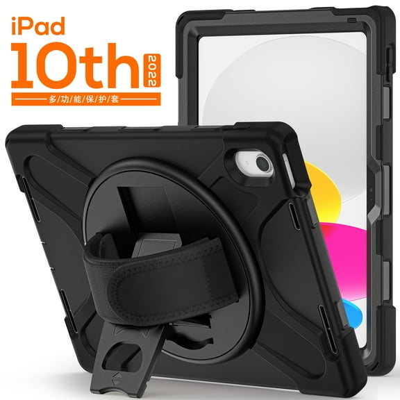 Dteck Case for iPad 11-inch (A16) 2025/iPad 10th Generation 10.9-inch 2022,Shockproof Rubber Rugged Case Rotatable Kickstand Heavy Duty Armor Cover with Adjustable Hand Strap,Black