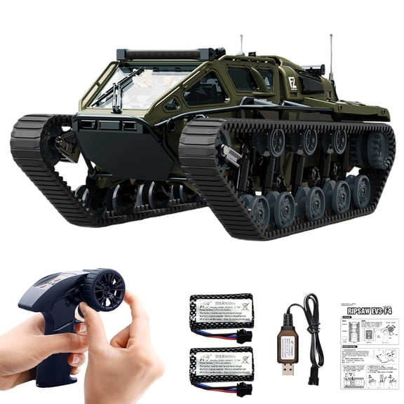 RC Tank Car, 1:16 Remote Control Crawler 10KM/H High Speed Tank, 2.4Ghz RC Rock Crawler Off-Road 4WD 360°Rotating Drifting Car with 2 Batteries, Military Truck Toy Gift for Kids