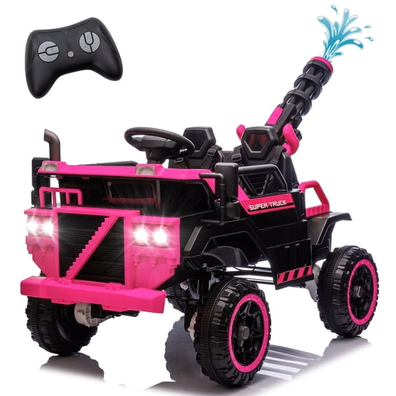 Xuanlur 24V 7AH Ride on Toys w/Spacious 3-Seater, Remote Control, 4WD Kids Electric Car w/Built-in Water Gun, LED Lights & Bluetooth MP3, Ride On Truck Car for Kids, Ideal Kids Car Gift (Pink)