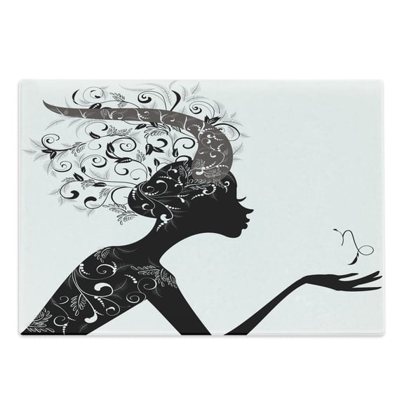 Zodiac Capricorn Cutting Board, Monochromatic Fashion Design Girl Side Silhouette with Horoscope Sign, Decorative Tempered Glass Cutting and Serving Board, in 3 Sizes, by Ambesonne