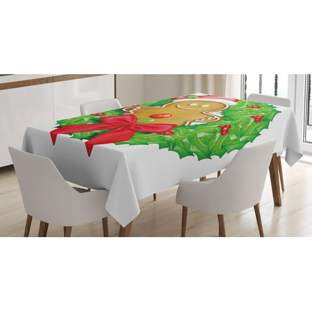Gingerbread Kitchen (Gingerbread Man Tablecloth, Cartoon Christmas Wreath with Gingerbread Man Funny Happy Season, Rectangular Table Cover for Dining Room Kitchen, 52 X 70 Inches, Green Red Light Brown, by)