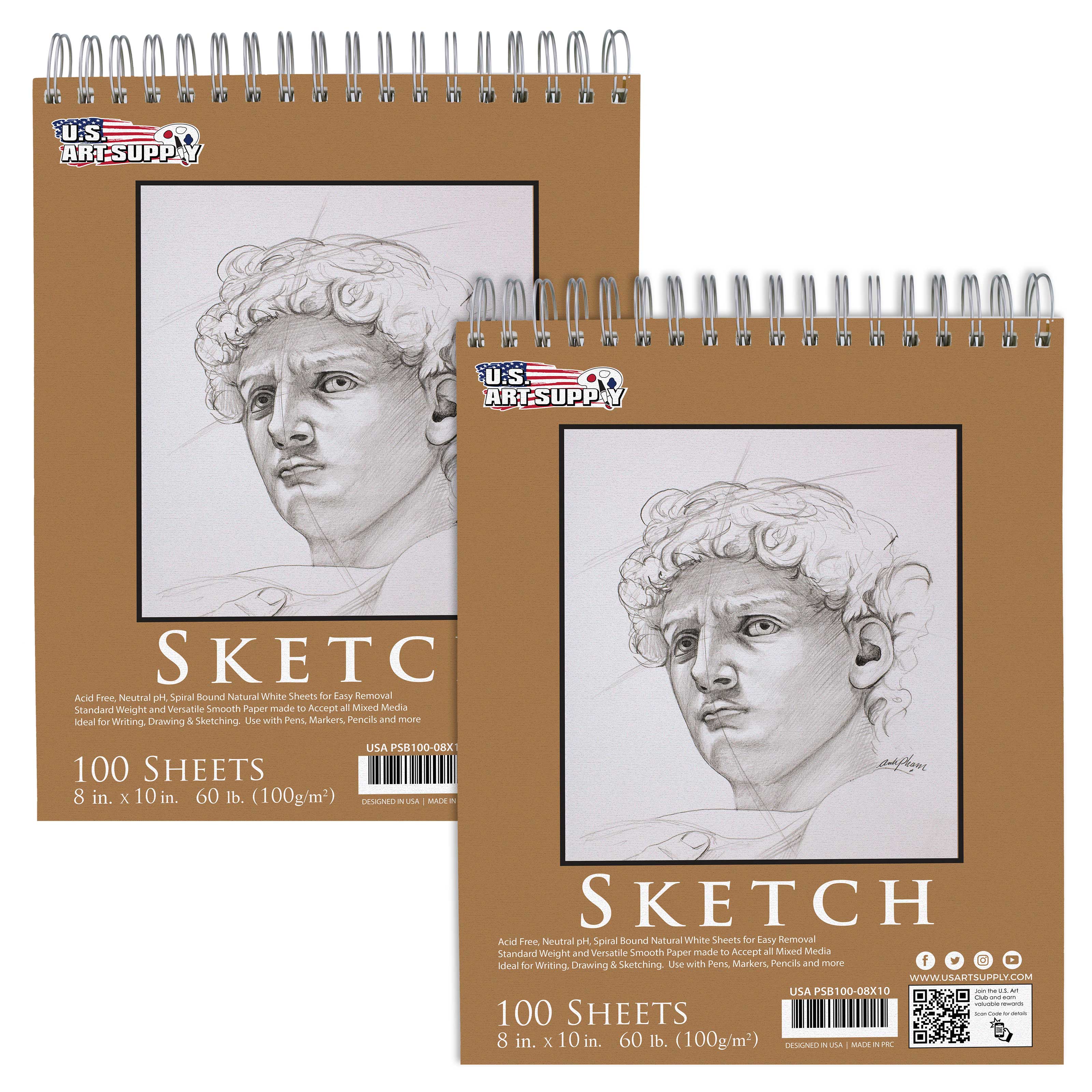 U.S. Art Supply 8x10" Spiral Sketch Pad, 2-Pack