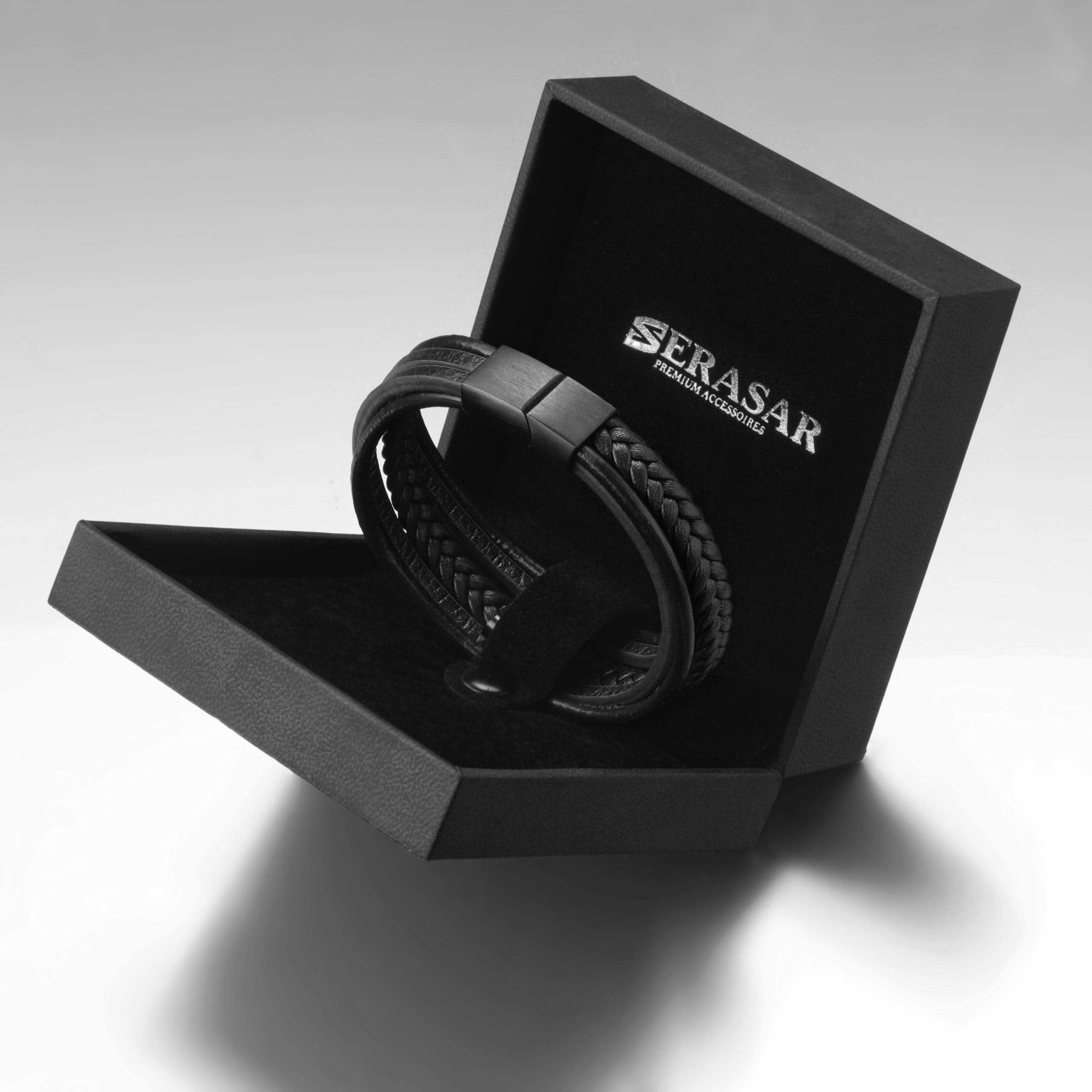 SERASAR Men's Genuine Leather Bracelet "Braid" with stainless steel magnetic closure, Black 21cm, including gift box
