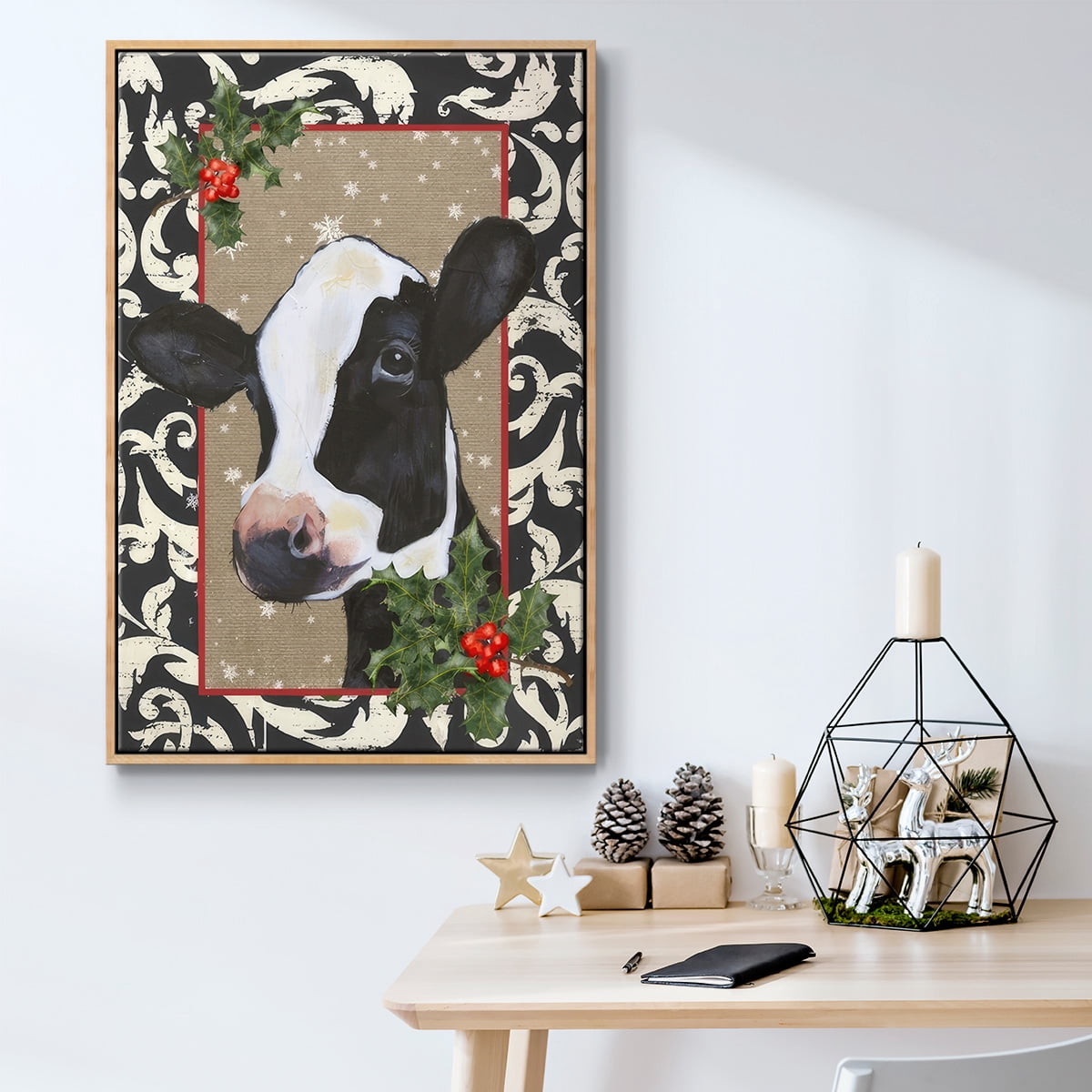 County Christmas Farm I - Framed Gallery Wrapped Holiday Canvas - 25 x 37 - Natural Wood Frame