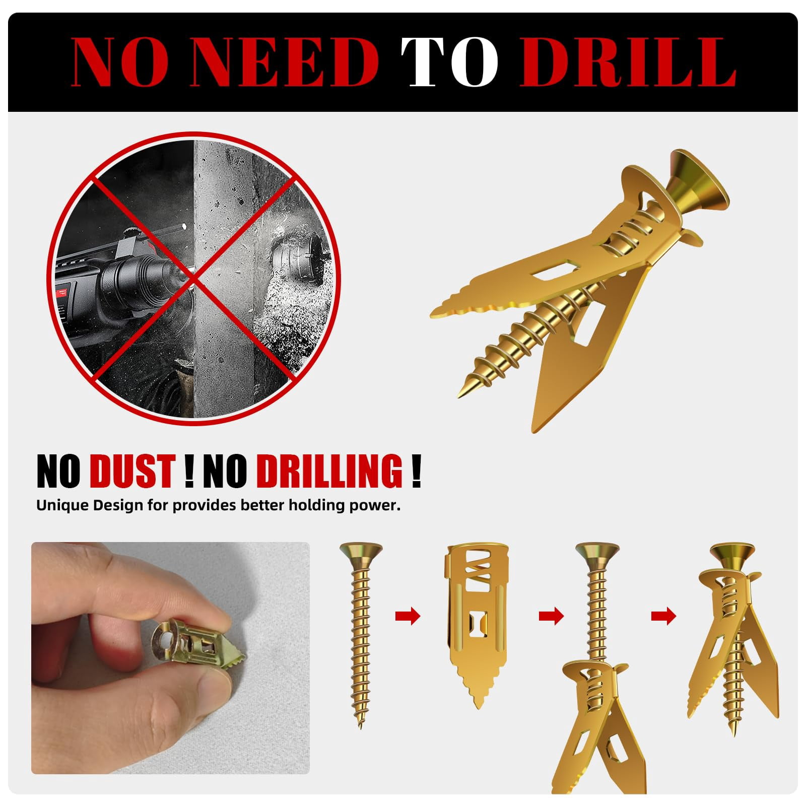 200 Pcs Self Drilling Drywall Anchors with Screws Kit, Metal Expansion Bolt for Drywall,No Drill Or Holes in Wall, Holds Up to 100lbs, for Tv, Shelves, Picture Frames