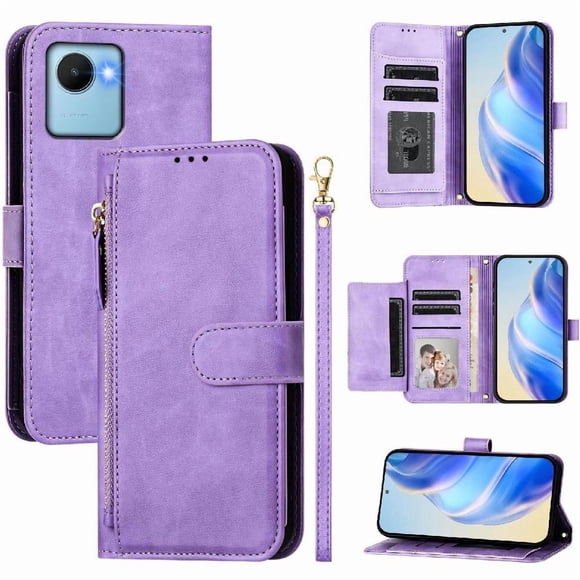 Étui pour Realme C30S avec Poche Zippée, Portefeuille Magnétique à Rabat avec 7 Emplacements pour Cartes et Dragonne