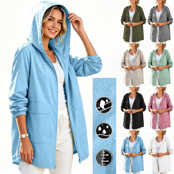 Otntypg Women's Lightweight Raincoat Full Zip up Long Sleeve Waterproof Packable Outdoor Windproof Hooded Active Rain Jacket with Pockets