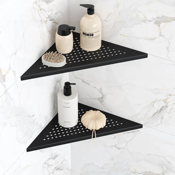 Qeke - Juego de 2 estantes esquineros para baño empotrados de 10.0 in, estante de ducha Caddy SUS304, estante de acero inoxidable, montaje en pared, triangular, sin perforación, negro mate