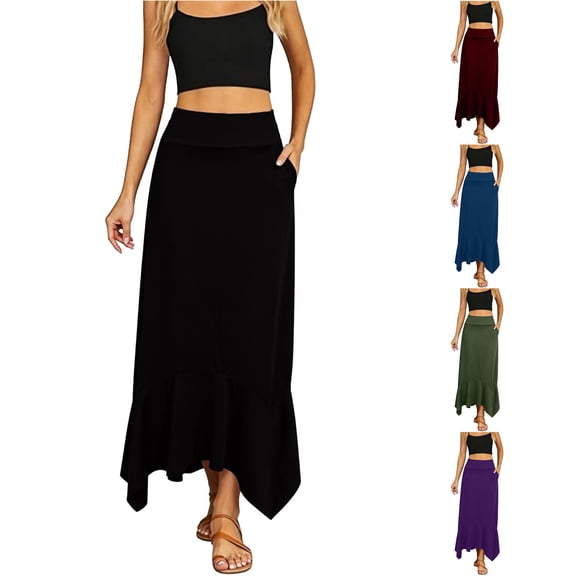 Wxolcjlv Womens Solid Handkerchief Hem Maxi Skirt Fold Over Waist With Side Pockets Casual Long Skirts