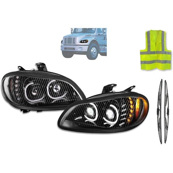 KOZAK Compatible with Freightliner M2 2002-2018 LED Halos Turn Signal Projector Headlights Lamps 12V Set