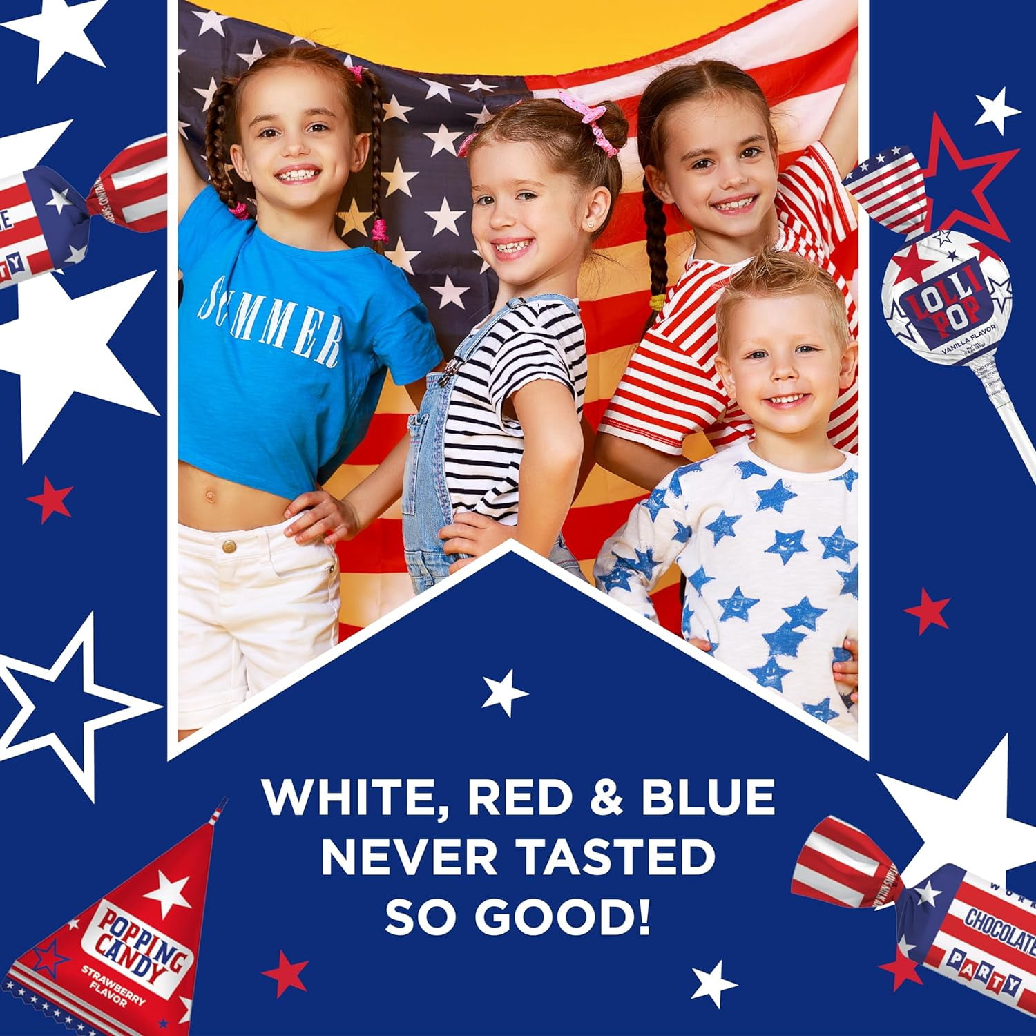 PartyWorks Patriotic Candy Assortment, Independence Day, July 4th - Chocolate Caramels, Lollipops, Popping Rocks Pouches - 3-Pound Pack