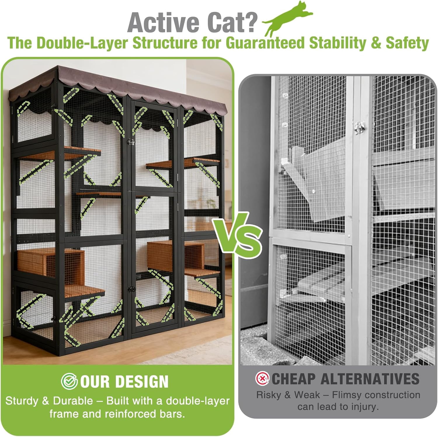 MEDEHOO Catio Outdoor Cat Enclosure with Scratch Post, Hammock, Large Window Cat House for 2-6 Mulitiple Cats Walk in Kitty Cage with Tarp Roof 70" Black