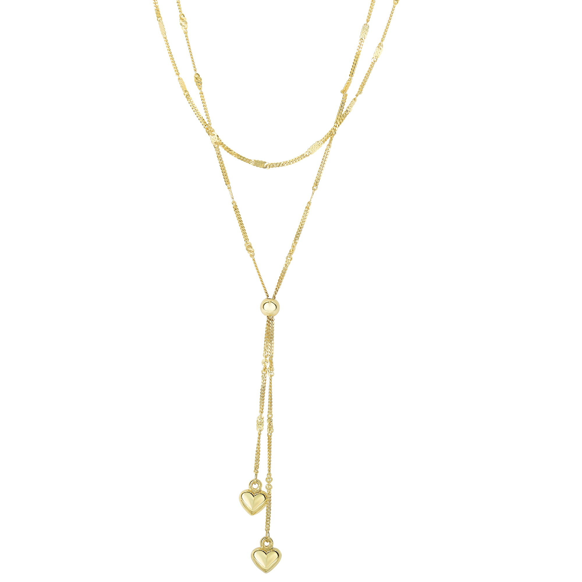 14K Yellow Gold Shiny 2 Hanging Puffed Heart+ 1 Ball On 2 Graduated Strand 1.5mm Each Gourmette Type Fancy Necklace with... by Goldia