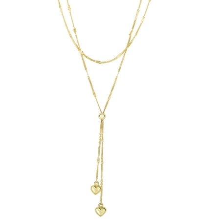 14K Yellow Gold Shiny 2 Hanging Puffed Heart+ 1 Ball On 2 Graduated Strand 1.5mm Each Gourmette Type Fancy Necklace with Lobster Clasp