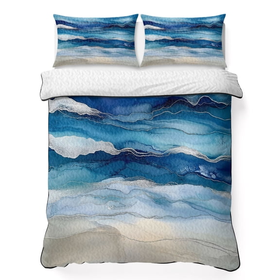 Full Quilt Set 78''x90'', Navy Blue Coastal Beach Lightweight Bedspread Coverlet Set with 2 Pillow Shams, Summer Nautical Ocean Ombre Art Breathable All Season Quilt Bedding for Bedroom/Guest Room