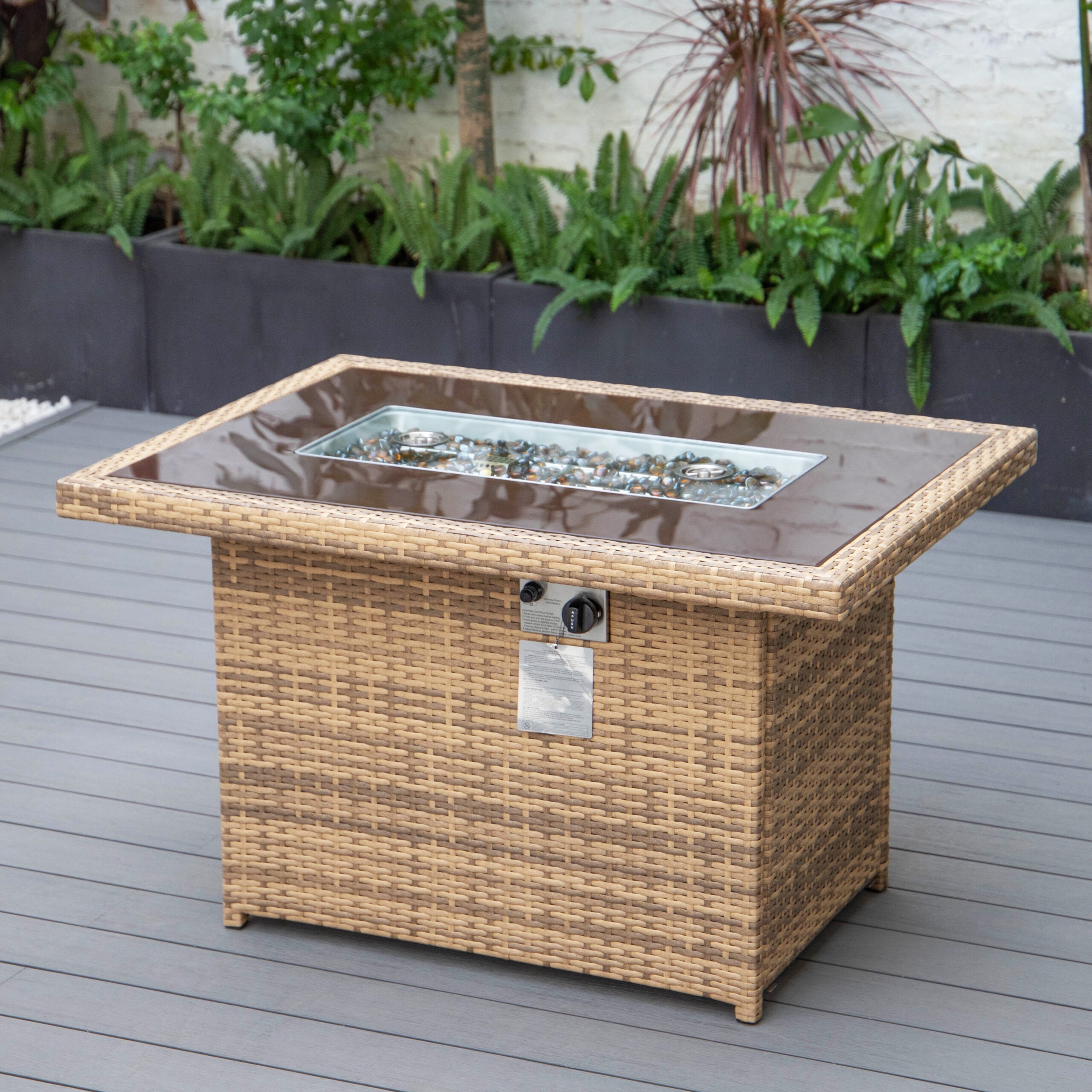 LeisureMod Wicker 55,000 BTU Fire Pit Table with Removable Lid and Tempered Glass Shield Propane Tank Storage for Modern Home, Patio, Backyard Garden Mace Collection in Light Brown