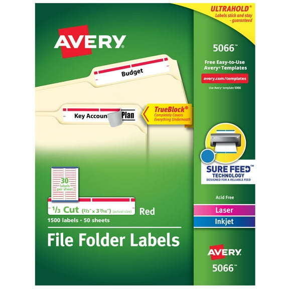 Permanent Trueblock File Folder Labels With Sure Feed Technology, 0.66 X 3.44, White, 30/sheet, 50 Sheets/box | Bundle of 5 Boxes