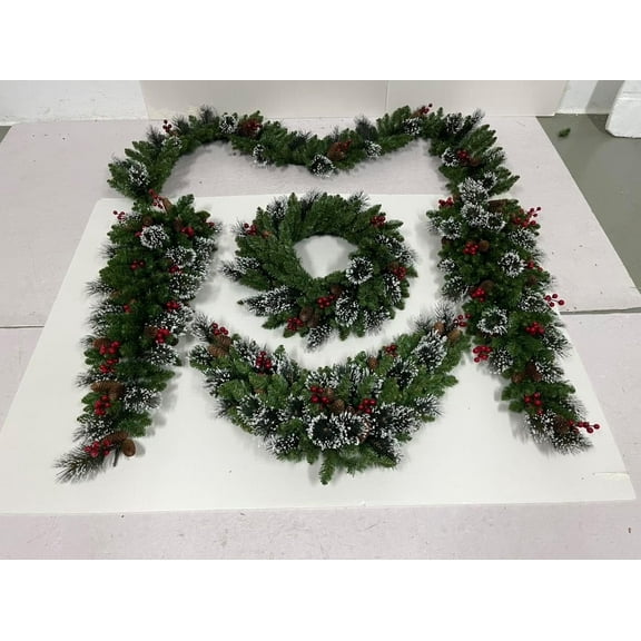 Senfot Pre-Lit Frosted Christmas Wreath Set of 6 - LED Lights Pine Cones Holly Berries with Garland Swag for Indoor Outdoor Holiday Decor