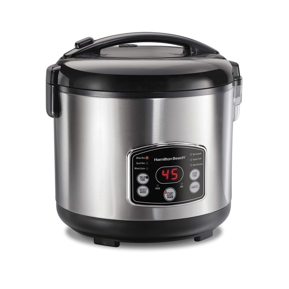 Hamilton Beach Olla arrocera y vaporera de alimentos programable digital, 14 tazas cocidas (7 crudas) con cesta de vapor y enjuague, acero inoxidable (37548)