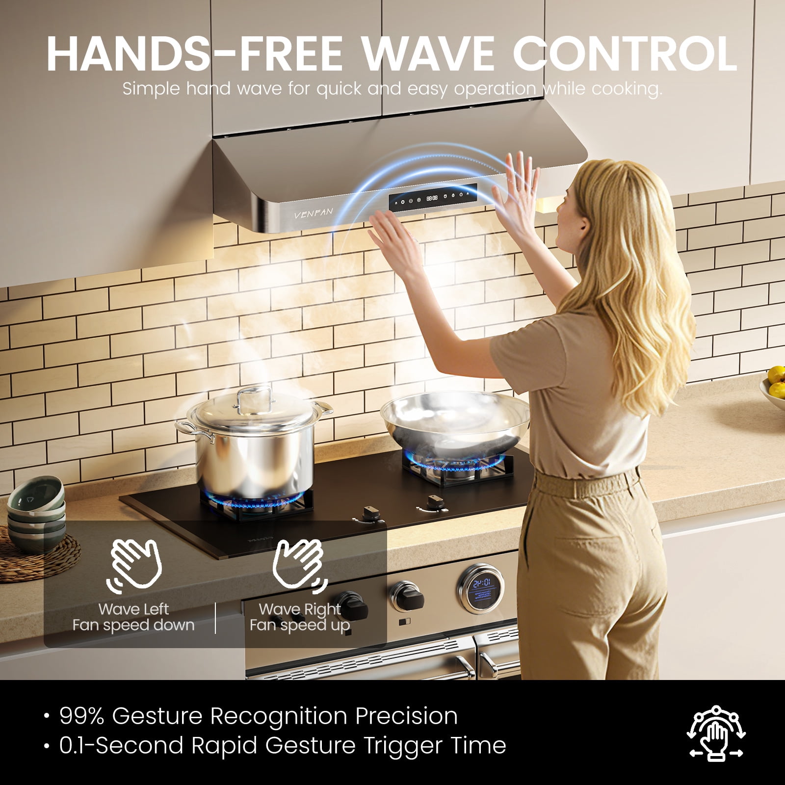 VENFAN 36 Inch Under Cabinet Range Hood, 1200 CFM Ultra Powerful Suction Kitchen Vent Hood with Gesture Sensing & 4-Speed Touch Control, Dishwasher Safe Filters, Auto Delay Off, Stainless Steel