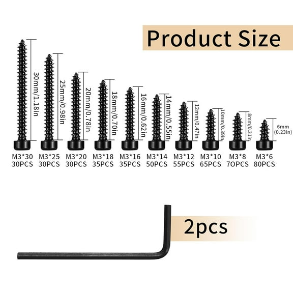 GHRTGR-Metric Hex Socket Cap Head Self Tapping Screws, 480pcs M3 Stainless Steel Socket Head Cap Wood Screws Assortment Kit, Hex Drive Head Cap Self Drilling Screws(480 Black)